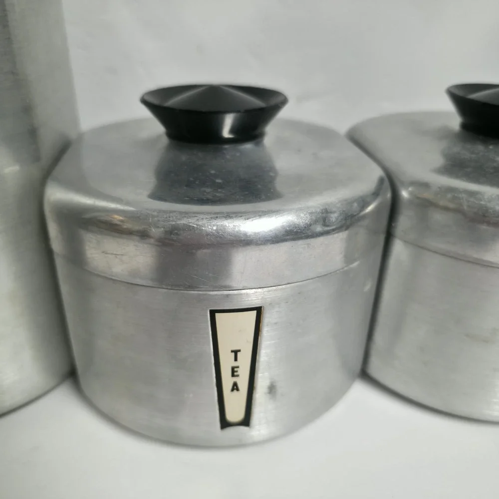 Vintage Kromex Aluminum Canister Set 4pc Flour Sugar Coffee Tea 1950s MCM Retro